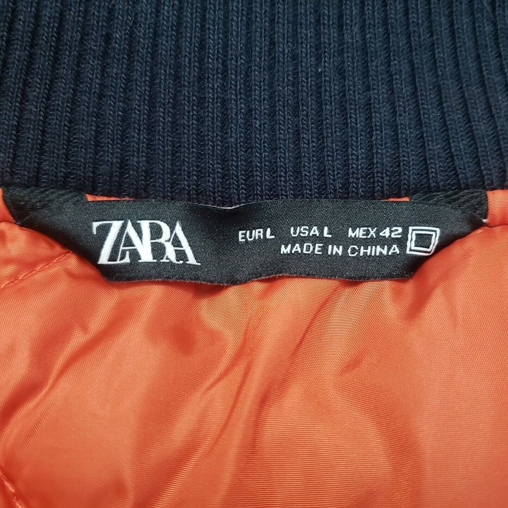 EUC Zara Padded Bomber Jacket Puffer Coat Womens L Navy Blue Quilted Lining Zip - Picture 7 of 11